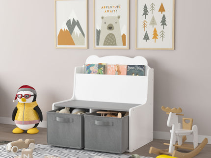 Bookshelf With Storage Bins, Bookcase With Book Display Shelf And 2 Bins, Cute Bear Shaped Backboard, Toy Organizer - White