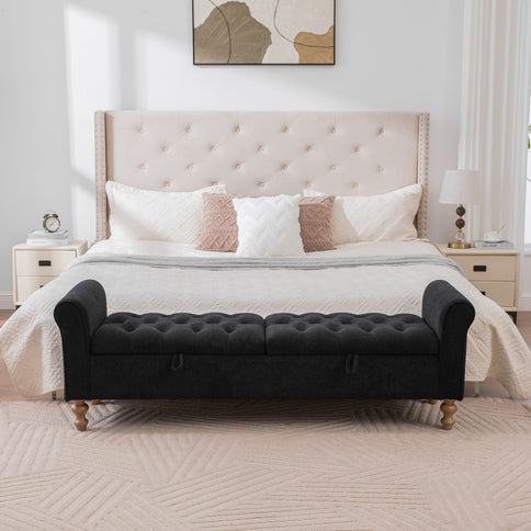 Modern Upholstered Storage Bench With Rolled Armrests]