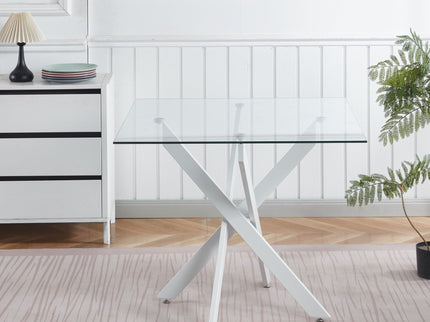 Dining Table With Cross Metal Leg And Tempered Glass, Modern Space Saving Kitchen Table For Living Room Legs, Square Table