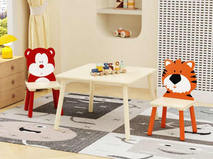 Table And 2 Chairs Set, Activity Play Table Set With Bear & Tiger Design - Natural