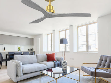 Indoor Ceiling Fan Without Light 3 Solid Wood Blades Remote Control Reversible Dc Motor - Gold