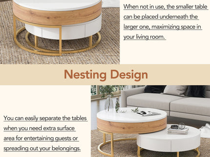 Modern Round Lift-Top Nesting Coffee Tables With 2 Drawers