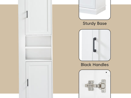 Tall Freestanding Bathroom Storage Cabinet With Adjustable Shelves And Side Hooks Board, Rectangle Design