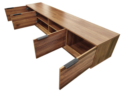TV Stand, Entertainment Center With Fluted Door & Cable Management, Soft Closing Hinges - Walnut