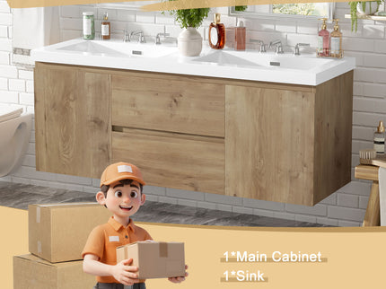 Double Sink Bathroom Vanity, Cabinet & Soft Close Doors, Divided Drawers, Wall Mounted Storage - Wood