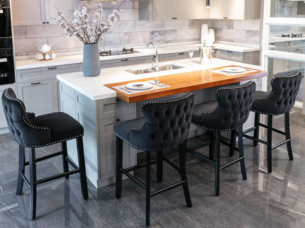 Contemporary Upholstered Wing-Back Barstools With Button Tufted Decoration And Wooden Legs, And Nailhead Trim, Leisure Style Bar Chairs, Bar Stools (Set of 2)