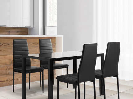 5 Pieces Dining Table Set For 4, Kitchen Room Tempered Glass Dining Table, 4 Faux Leather Chairs - Black