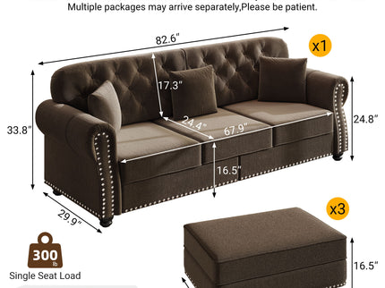Upholstered Sofa Set With Nailhead Trim And Rolled Armrests, Includes Pillows