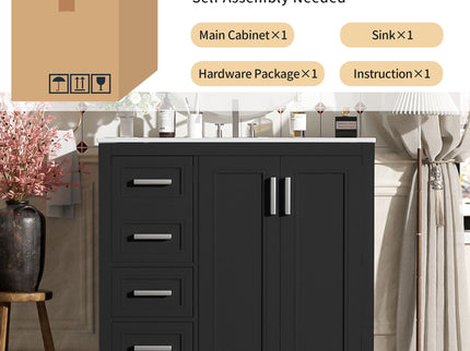 Bathroom Vanity With Sink, Soft Close Doors, Adjustable Shelf & 3 Drawers