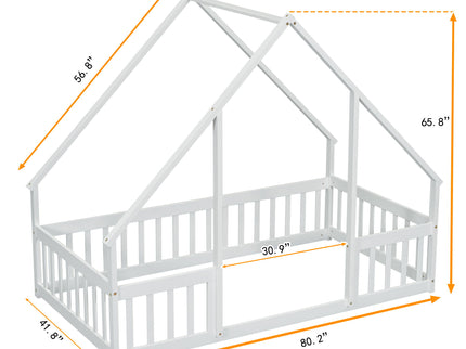 Wood House-Shaped Floor Bed With Fence, Guardrails