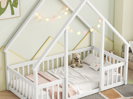 Wood House-Shaped Floor Bed With Fence, Guardrails