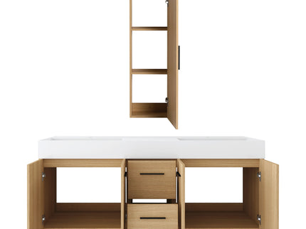 Floating Double Sink Bathroom Vanity Set With Tall Linen Cabinet, Drawers And Doors, Extra Large Storage, Integrated Sink, Soft Close Hardware - Glossy White / Light Oak