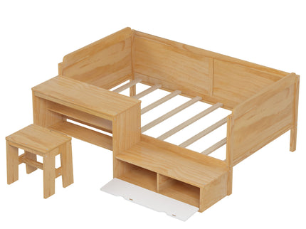Daybed With Storage Shelves And Lockers, Multi Functional Bed With Study Desk And Matching Stool