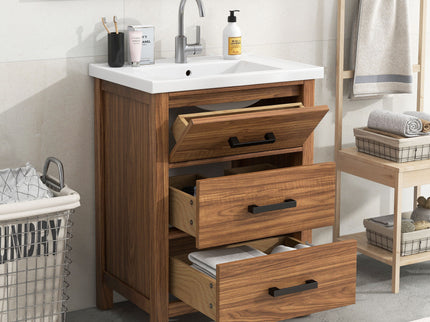 24'' Bathroom Vanity With Basin Sink, 3 Drawer Storage Cabinet - Natural Wood