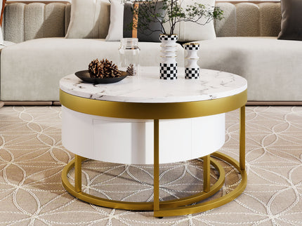 Round Nesting Coffee Table With Drawers - Golden / White