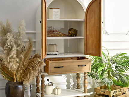 Arched Flower Carved Door Accent Sideboard Cabinet With 1 Drawer And Shelf, Cabinet For Kitchen - Natural / White