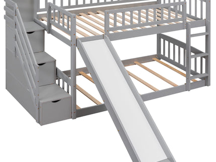 Twin Over Twin Bunk Stairway Bed With 2 Drawers And Slide - Gray