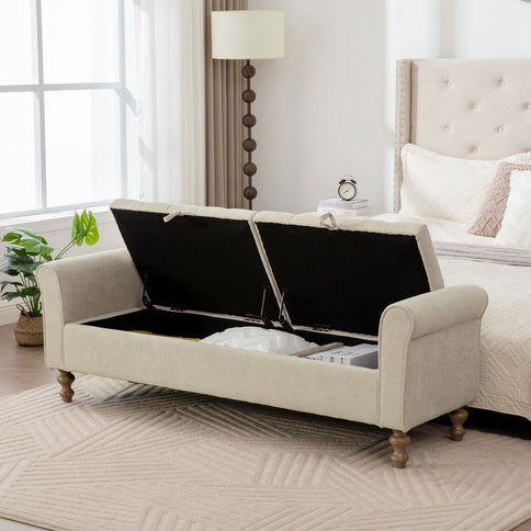 Napped Storage Bench With Rolled Armrest - Griege