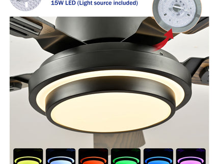 5 Blades Ceiling Fan With LED Light 3000 - 6500K Dimmable, 6 Speed Levels, Reversible Ceiling Fan - Matte Black