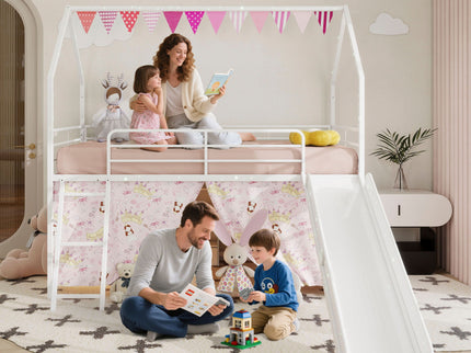 Jack - House Loft Bed With Slide And Curtain Set