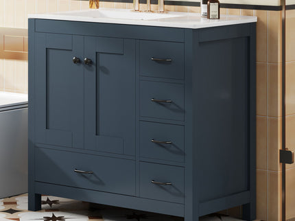 Bathroom Vanity With Ceramic Sink Combo, Abundant Storage Cabinet 2 Soft Close Doors And 5 Drawers