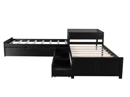 L Shaped Platform Bed With Trundle And Drawers Linked With Built In Desk