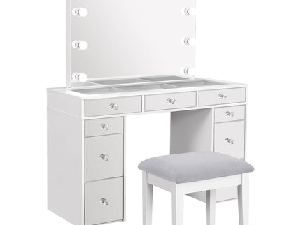 Winona - Makeup Vanity Set With Bulb Lit Mirror And Upholstered Stool - White