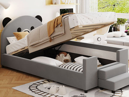 Upholstered Daybed With Bear Shaped Headboard, Hydraulic System And Breathable Fence