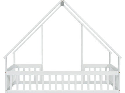 Wood House-Shaped Floor Bed With Fence, Guardrails