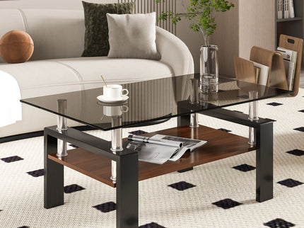 Modern Rectangular Coffee Table With Tempered Transparent Glass Top And Storage Shelf