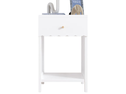 Nightstand With Drawer And Open Shelf, Scalloped Edge Bedside Table