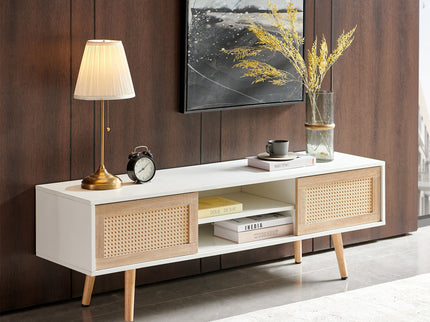 55.12" Rattan TV Cabinet, Double Sliding Doors For Storage, Adjustable Shelf, Solid Wood Legs, TV Console For Living Room