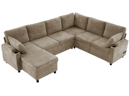 U-Shaped Sectional Sofa Bed With Storage, Charging Ports, And Cup Holders - Brown