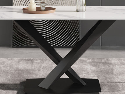63" Modern Artificial Stone Straight Edge Metal X-Leg Dining Table, 6 People - White / Black