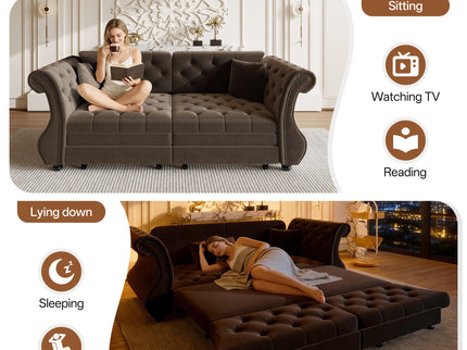 Oversized Chesterfield Pull Out Sofa Bed, Roll Arm Couch With Flower Tufting For Living Room