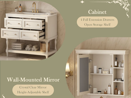 Bathroom Vanity With Medicine Cabinet, Storage Cabinet With 4 Drawers, Adjustable Shelf Mirror