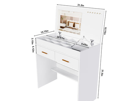 Flip Top Vanity Desk With LED Mirror & Outlet Makeup Table With 2 Drawers, Open Storage, And Jewelry Hooks - White