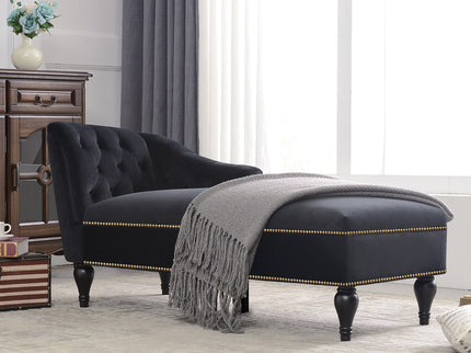 Velvet Chaise Lounge, Button Tufted Right Arm Facing Lounge Chair With Nailhead Trim For Living Room - Black