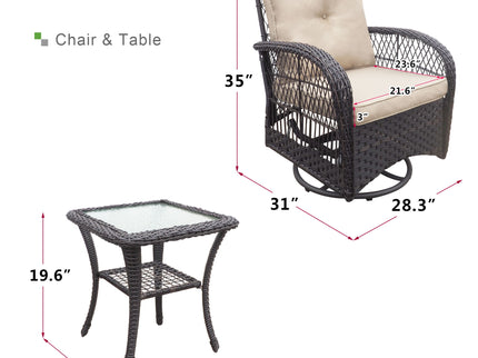 3 Pieces Conversation Set, Outdoor Wicker Rocker Swivel Patio Bistro Set, Rocking Chair With Glass Top Side Table