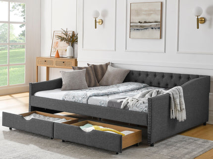 Upholstered Tufted Daybed With 2 Drawers, Waved Arms