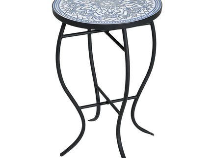 Outdoor Round Side Table With Mosaic Style Top And Curved Iron Legs