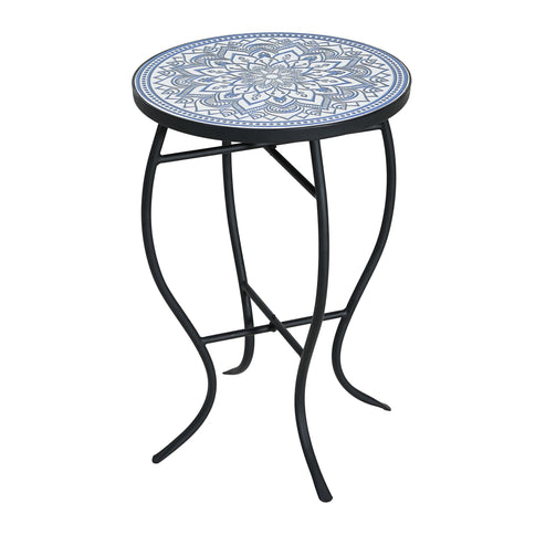 Outdoor Round Side Table With Mosaic Style Top And Curved Iron Legs
