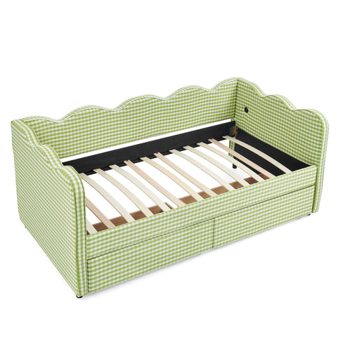 Gingham Daybed With USB Charging Port, Wave-Shaped Design