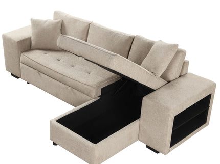 Modern L-Shape 3 Seat Reversible Sectional Couch, Pull Out Sleeper Sofa With Storage Chaise And 2 Stools For Living Room Furniture Set