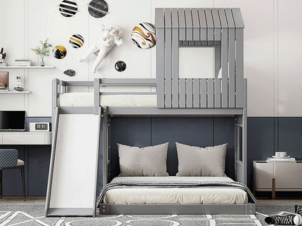 Loft Bunk Bed With Playhouse, Farmhouse, Ladder, Slide And Guardrails