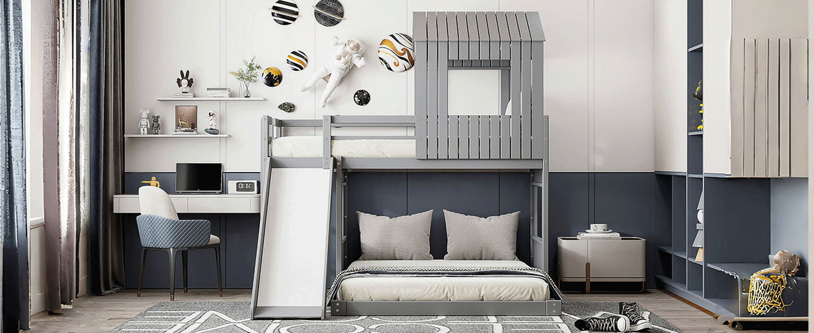 Loft Bunk Bed With Playhouse, Farmhouse, Ladder, Slide And Guardrails