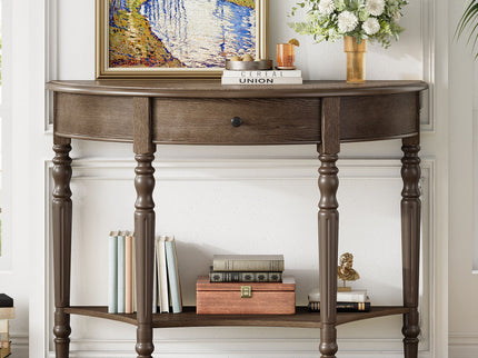 Half Moon Console Table With Drawer & Shelf For Living Room - Walnut