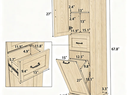 Modern Tall Storage Cabinet With Tilt-Out Compartment, Adjustable Shelves
