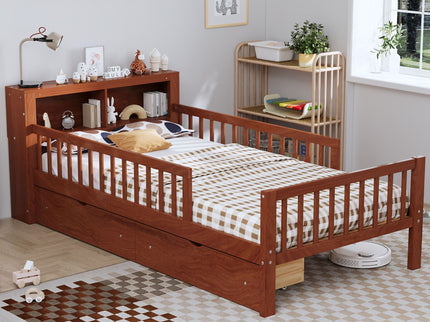 Bed With Headboard Storage Rack, 2 Under Bed Drawers, 3 Side Guardrails For Safety