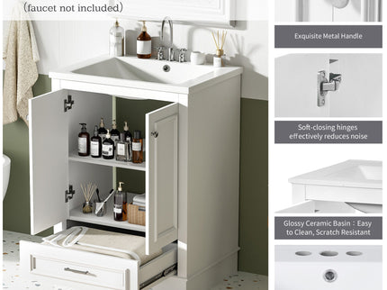 Bathroom Vanity With Ceramic Sink Combo, Modern Freestanding Storage Cabinet With Silver Handles
